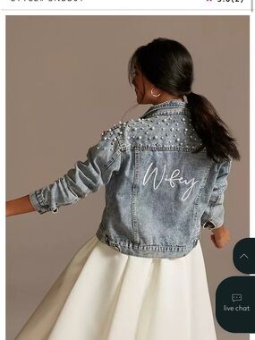 David's Bridal Light Blue Pearl-Embellished Denim Jacket with "Wifey" Embroidery